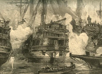 Battle of Navarino: HMS Asia engaging the ships of Capitan Bey and Moharram Bey