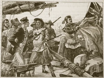 Chinese officers hauling down the British Flag on the 