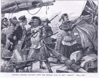 Chinese officers hauling down the British flag on the 