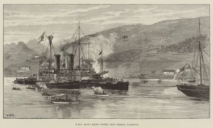 HMS Howe being towed into Ferrol Harbour