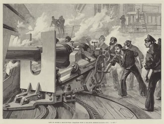 Life on Board a Man-of-War, Practice with a Six-Inch Breech-Loading Gun, A Hit!
