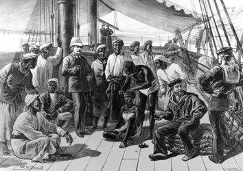 Mr Stanley and some of his African followers on board HMS Industry, published in 