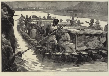 Our Troops leaving Afghanistan, floating sick and Wounded down the Cabul River from Jellalabad
