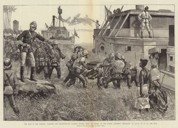 The War in the Soudan, starting for Khartoum, Sir Charles Wilson, with an Escort of the Sussex Regiment, embarking at Gubat, to go up the Nile