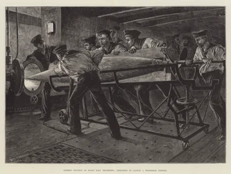 Torpedo Practice on Board HMS Thunderer, preparing to launch a Whitehead Torpedo