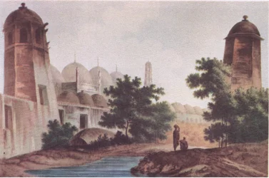 A view of the Kutra Mosque built by Mir Jaffier at Murshidabad (Select Views in India 1786), from British Adventure published by Collins, 1947