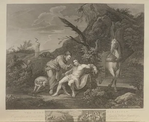 The Good Samaritan, engraved by J.M. Delatre and Simon Francis Ravenet, published by John Boydell (1772)