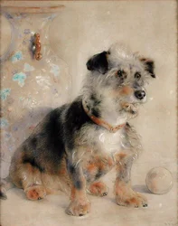 Terrier seated before a Canton Famille Rose Vase
