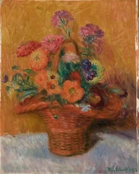 Red Basket of Zinnias