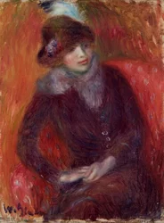 Seated Woman with Fur Neckpiece and Red Background