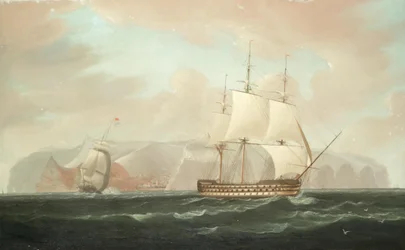 A three-decked ship-of-the-line bearing away from Jamestown, St. Helena, with her escorting frigate firing a farewell salute
