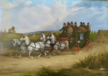 The London to Brighton Stage Coach drawn by a team of grey horses