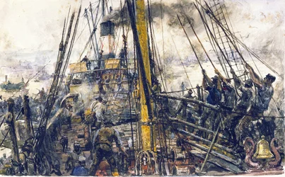 Coal pickers on board a boat, lifting the coal cargo from the cargo hold using a pulley system