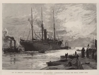 Off to Ashanti, Good-Bye and Good-Luck!, the Steamer Coromandel Leaving the Royal Albert Dock