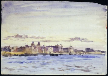 View of the Royal Naval College in Greenwich, England, on the Thames, at Sunset, Taken from Blackwall