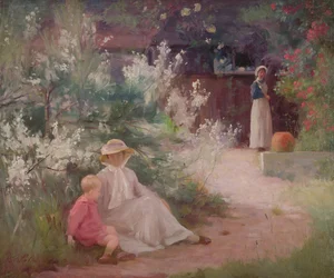 Lady With Her Young Son And Maid in the Garden