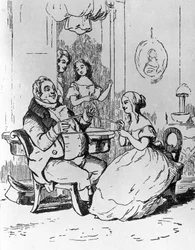 Mr Joseph Sedley Entangled by Becky Sharp, Illustration for 1st Chapter of Vanity Fair, Novel by William Makepeace Thackeray, Engraving after Drawing by William Makepeace Thackeray, Published in Chicago in 1882