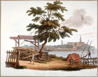 Men moving timber at Bankside, Southwark, London