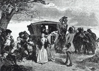 Highwayman Claude Duval depicted in the legendary moment when he declines to take all his loot if the wife of his victim dances a 