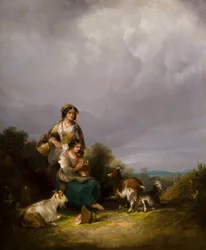 Two Young Women and Goats in a Landscape
