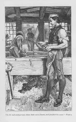 Adam Bede, the village carpenter, in the workshop, his dog Gyp on a pile of shavings under the bench. Adam Bede by George Eliot, first published 1859. Illustration by William Small (1843-1929) from an edition published c1885.