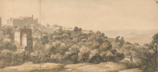 An Italian Landscape: Village on a Hill Left, Hillside Sloping Towards Right, with Distant Valley Beyond