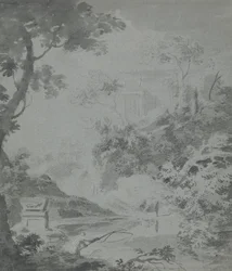 Landscape with a Distant Classical Building and a Man Fishing