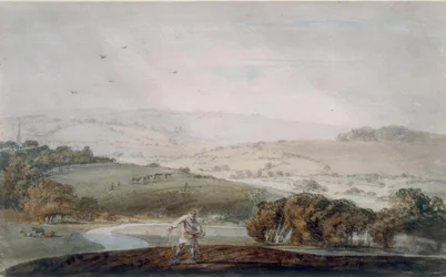 A Farmer Sowing, a River Valley and Rolling Hills Beyond
