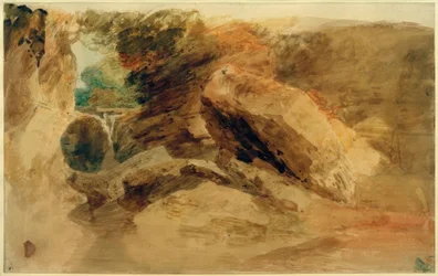 Rocks under a Cliff, with a Stream Falling into Narrow Channel