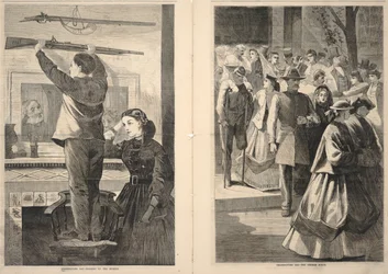Thanksgiving Day--Hanging up the Musket/Thanksgiving Day--The Church Porch, from Frank Leslie