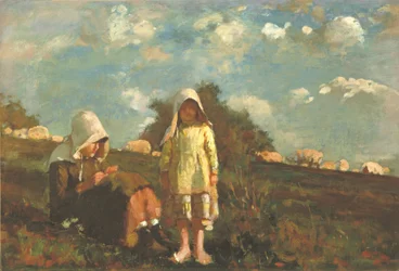 Two Girls with Sunbonnets in a Field
