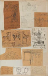 Page from a Scrapbook containing Drawings and Several Prints of Architecture, Int...