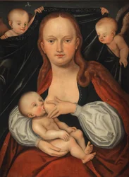 The Madonna and Child before a curtain held by two angels