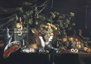 Still-life with fruit, a pheasant pie and a lobster