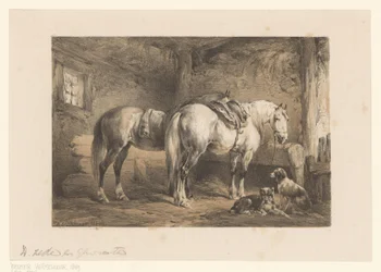 Two Horses and Dogs in a Stable