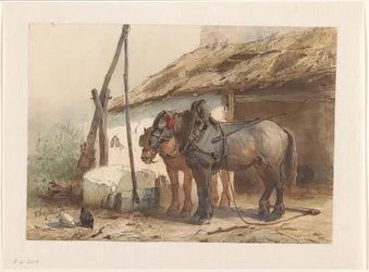 Two Horses Standing in Front of a Stable
