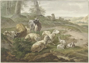 Goats and Sheep in a Hilly Landscape