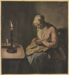 Woman Doing Handwork by Candlelight
