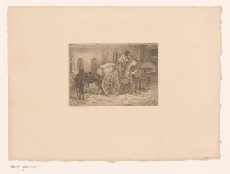 Men unloading sacks from a mule-drawn cart