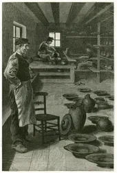 The potter of Terneuzen, in his workshop, clogged with vases and dishes, near the window, the potter works the clay on the harness and his apprentice, below, works the turn. Engraving by X.Mellery, after nature, to illustrate the story 