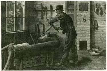 The saboteur of Terneuzen, has its established, enlarges and digs the wood by means of cramms. Engraving by X. Mellery, after nature, to illustrate the story 