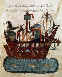 Ms Ar 5847 f.119v, Abu Zayd and Al-Harith sailing from Basra to Oman, miniature from Maqamat of al-Hariri (The Meetings), c. 1240