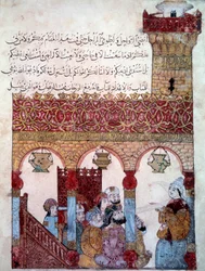 The wandering navigator Abu-Zayd in the Mosque of Basra. Miniature from the Maqamat by Abu Mohammed al-Kasim ibn Ali Hariri
