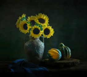Moody Sunflowers and Gourds