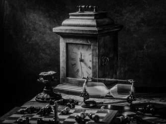 Antique Clock, Hourglass, Chess
