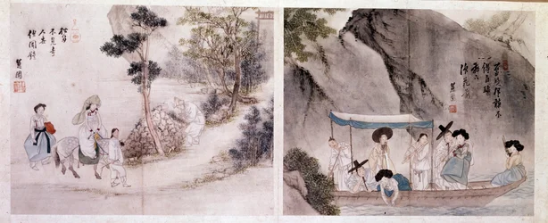 Korean art: walking and boat scene