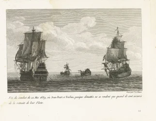 End of the Battle of Jan Bart on May 22, 1689 Fin du combat du 22 Mai 1689, ou Jean-Bart et Forbin, quoique démattés, ne se rendent que quand ils son assurés de la retraite de leur Flotte (title on object) Recueil des combats de Jean-Bart, chef d