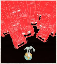 Cars attacking the last pedestrian on earth. 1929 (Caricature)