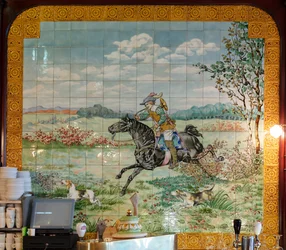 Interior View, Tile Panel, Painter Furcy Ernest Tondeur, Executor Boch Frères La Louvière, Second Panel Shows Hunting Scene with Galloping Rider with Hunting Horn