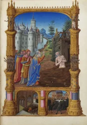Les Très Riches Heures du Duc de Berry, Folio 82r - Job Mocked by His Friends